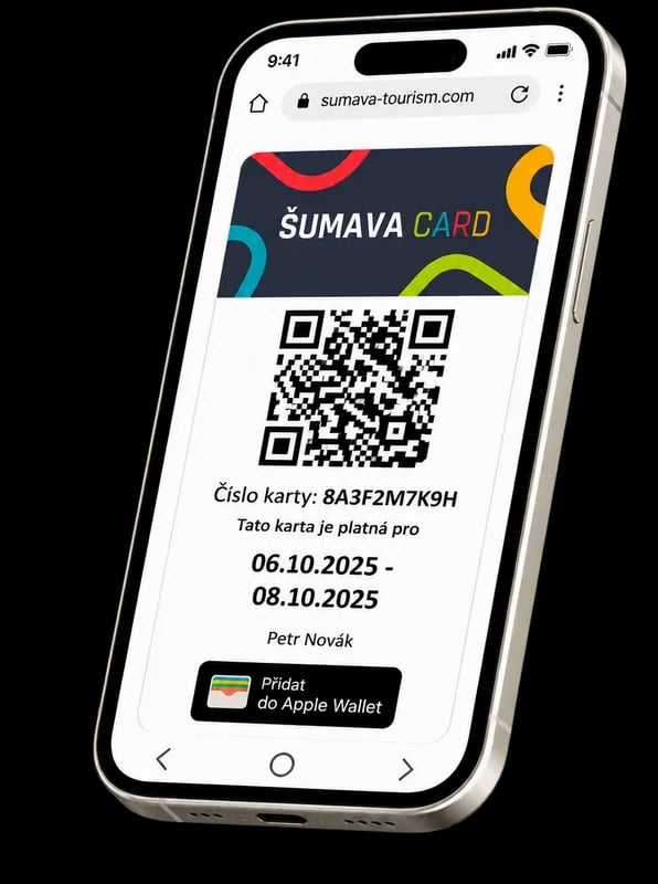 Telefon se Šumava Card — QR kód, číslo karty a platnost pobytu